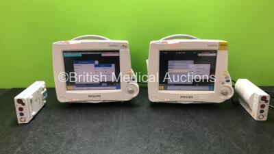 2 x Philips IntelliVue MP30 Patient Monitors (Both Power Up with Damage-See Photos) with 2 x Philips M3001 Opt A01C06 Modules Including ECG/Resp, Press, Temp, NBP, and SpO2 Options (Both with Damage to Casing - See Photos)