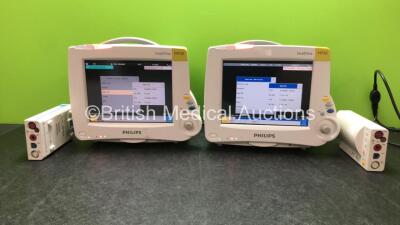 2 x Philips IntelliVue MP30 Patient Monitors (Both Power Up with Damage-See Photos) with 2 x Philips M3001 Opt A01C06 Modules Including ECG/Resp, Press, Temp, NBP, and SpO2 Options (Both with Damage to Casing - See Photos)