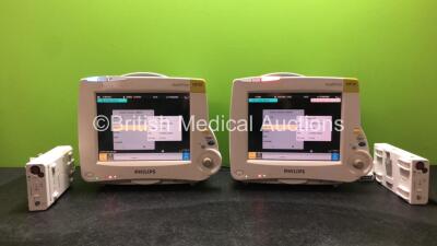 2 x Philips IntelliVue MP30 Patient Monitors (Both Power Up with Damage-See Photos) with 2 x Philips M3015 Microstream CO2 Modules Including CO2, Press and Temp Options (Both with Damage to Casing - See Photos)