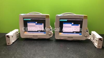 2 x Philips IntelliVue MP30 Patient Monitors (Both Power Up with Damage-See Photos) with 2 x Philips M3015 Microstream CO2 Modules Including CO2, Press and Temp Options (Both with Damage to Casing - See Photos)