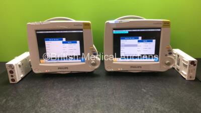 2 x Philips IntelliVue MP30 Patient Monitors (Both Power Up with Damage-See Photos) with 1 x Philips M3015 Microstream CO2 Module Including CO2, Press and Temp Options, 1 x Philips M3015B Module Including CO2, Press, Temp and Press Options (Both with Dama