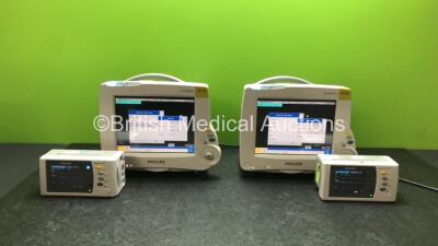 2 x Philips IntelliVue MP30 Patient Monitors (Both Power Up with Damage-See Photos) 2 x IntelliVue X2 Handheld Patient Monitors Including ECG, SpO2, NIBP, Press and Temp Options with 2 x Batteries (Both Power Up with Damage-See photos)