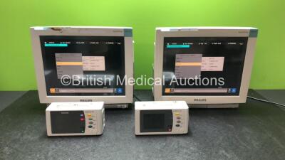 2 x Philips IntelliVue MP70 Patient Monitors (Both Power Up) with 2 x IntelliVue X2 Handheld Patient Monitors Including, ECG,SpO2,NBP,Press and Temp Options with 2 x Batteries (Both Power Up)