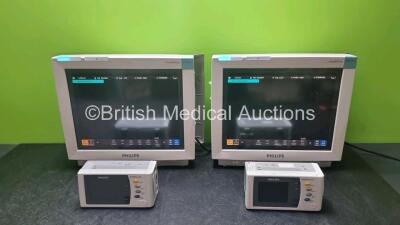 2 x Philips IntelliVue MP70 Patient Monitors (Both Power Up) with 2 x IntelliVue X2 Handheld Patient Monitors Including, ECG,SpO2,NBP,Press and Temp Options with 2 x Batteries (Both Power Up)