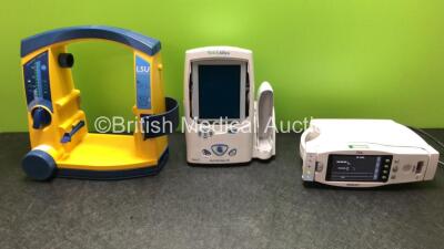 Mixed Lot Including 1 x Laerdal LSU Suction Unit (Powers Up with Missing Cup and Cracked Casing-See Photo) 1 x Masimo Radical 7 Signal Extraction Pulse CO Oximeter with Base Unit (Powers Up) 1 x Welch Allyn Spot Vital Signs LXi Patient Monitor (Spares and