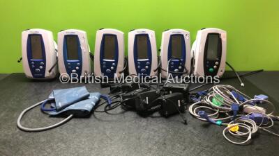 6 x Welch Allyn Spot Vital Signs Monitors with 6 x Power Supplies, 4 x SpO2 Finger Sensors and 2 x BP Cuffs (5 x Power Up and 1 x No Power)