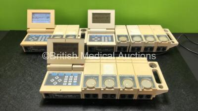 3 x EMS Medi-Link System Control Units (2 x Power Up with 1 x Damaged Screen, 1 x No Power) with 2 x EMG Attachments, 2 x Stimulation Therapy Attachments, 3 x Interferential Therapy Attachments and 3 x Ultrasound Dual Frequency Attachments (All Power Up)