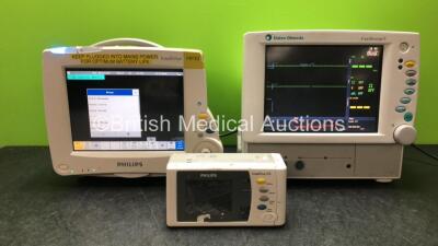 Job Lot Including 1 x IntelliVue MP30 Patient Monitor (Power Up with Damage-See Photos) 1 x Datex-Ohmeda Cardiocap/5 Patient Monitor with ECG, Sp02, NIBP and T1 Options (Powers Up) 1 x Philips IntelliVue X2 Handheld Patient Monitor with ECG, SpO2, NBP, TE