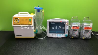 Mixed Lot Including 1 x SAM 12 Suction Unit with Cup, 1 x GE Datex Ohmeda S/5 FM Monitor (Some Casing Damage) and 2 x McKinley BodyGuard 575 Pain Manager Pumps in Cases (All Power Up) *6383785 / 080121*