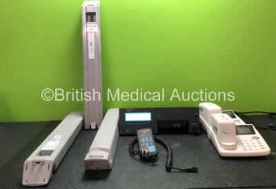 Mixed Lot Including 1 x Uniphy Phyaction 792 Ultrasound Therapy Unit with 1 x Transducer / Probe (Powers Up) 3 x ArjoRef KPA0100 Batteries *All Untested* 1 x Schaerer Bed Controller (Damaged-See Photo) 2 x PBM Life Sign D X Press Consoles (Both Untested D