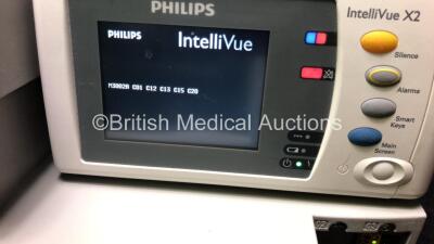 2 x Philips IntelliVue MP30 Patient Monitors with 2 x Philips IntelliVue X2 Handheld Patient Monitors with ECG, SpO2, NBP, Press and Temp Options (All Power Up with Damage-See Photos) - 6