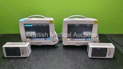 2 x Philips IntelliVue MP30 Patient Monitors and 2 x IntelliVue X2 Handheld Patient Monitors with ECG, SpO2, NBP, Press and Temp Options (Both Power Up)