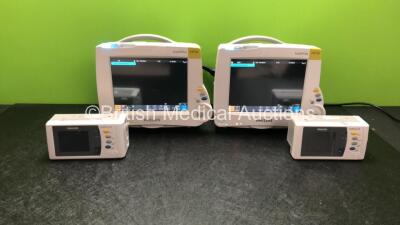 2 x Philips IntelliVue MP30 Patient Monitors and 2 x IntelliVue X2 Handheld Patient Monitors with ECG, SpO2, NBP, Press and Temp Options (Both Power Up, Damage to Casing See Photo)