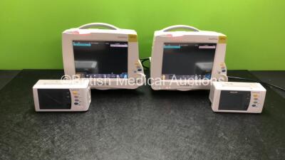 2 x Philips IntelliVue MP30 Patient Monitors (1 x Damage Charging Port See Photo) and 2 x IntelliVue X2 Handheld Patient Monitors with ECG, SpO2, NBP, Press and Temp Options (All Power Up, Damage to Screen See Photo)