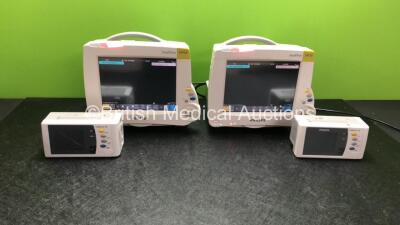 2 x Philips IntelliVue MP30 Patient Monitors (1 x Damage Charging Port See Photo) and 2 x IntelliVue X2 Handheld Patient Monitors with ECG, SpO2, NBP, Press and Temp Options (All Power Up, Damage to Screen See Photo) - 2