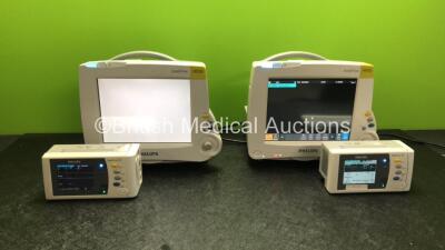 2 x Philips IntelliVue MP30 Patient Monitors (Both Power Up, 1 x Blank Screen) and 2 x IntelliVue X2 Handheld Patient Monitors with ECG, SpO2, NBP, Press and Temp Options (Both Power Up, 1 x Battery Cover Missing and 1 x Module Release Snapped, See-Photos