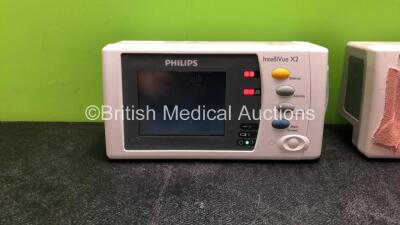 3 x IntelliVue X2 Handheld Patient Monitors Including ECG, SpO2, NBP, Press and Temp Options with 3 x Batteries (2 Power Up when Tested with Stock Batteries-Batteries Included are Flat and All Damaged-See Photos) 1 x Philips REF 867036 Module Including EC - 2