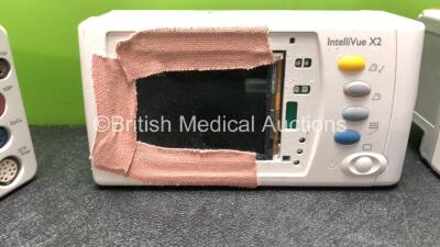 3 x IntelliVue X2 Handheld Patient Monitors Including ECG, SpO2, NBP, Press and Temp Options with 3 x Batteries (2 Power Up when Tested with Stock Batteries-Batteries Included are Flat and All Damaged-See Photos) 1 x Philips REF 867036 Module Including EC - 4