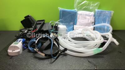 Mixed Lot Including Patient Trolley Arms, 1 x Covidien Filac ADA Thermometer, 1 x Cuda Fiber Optic Head Light, 2 x Breathing Tubes and Large Quantity of Apron Pouches