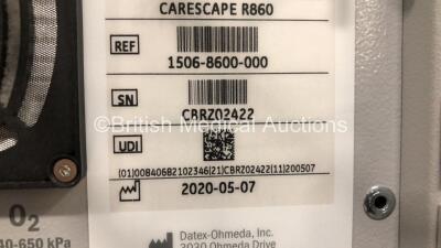 GE Carescape R860 Ventilator Ref 1506-8600-000 Software Version 10 SP04 - Running Hours 509 with Hoses and GE E-sCO Module (Powers Up) *Mfd 2020* - 7