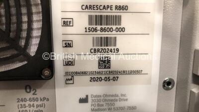 GE Carescape R860 Ventilator Ref 1506-8600-000 Software Version 10 SP04 - Running Hours 65 with Hoses and GE E-sCO Module (Powers Up) *Mfd 2020* - 7