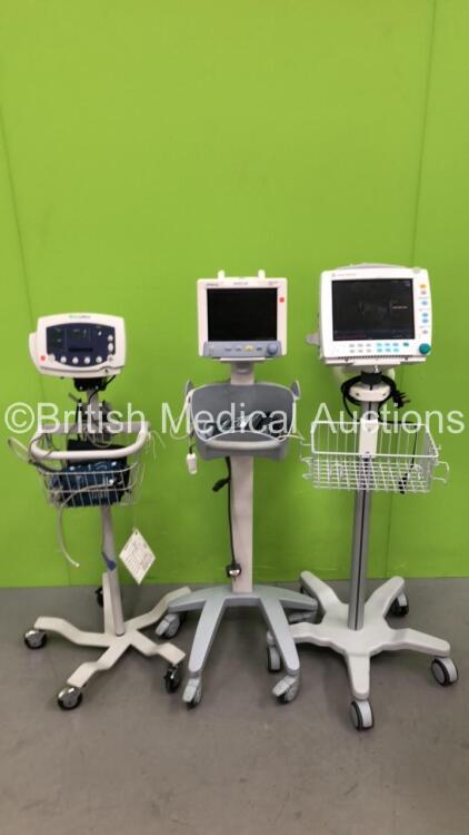 Job Lot Including 1 x Datex Ohmeda S/5 FM Monitor on stand with E-PSM-00 Module, 1 x Mindray Datascope Trio on Stand with SpO2 Sensor and BP Cuffs and 1 x Welch Allyn 53N00 Monitor on Stand with Power Supply, SpO2 Sensor with BP Cuffs (All Power Up) *6263