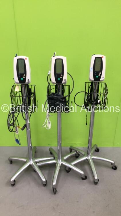 3 x Welch Allyn 420 Series Monitors on Stands with 3 x Power Supplies 2 x SpO2 Sensors and 2 x BP Cuffs (All Power Up) *200703182 / na*