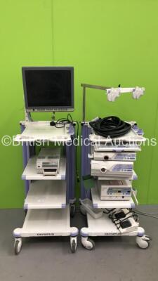 2 x Olympus Stack Trolleys with Olympus OEV191H Monitor, Olympus ECS260 Connector Cable, Sony UP-21MD Colour Video Printer, Olympus Evis Lucera CV-260SL Digital Processor, Olympus Evis Lucera CLV-260SL Light Source, Olympus PSD-30 Electrosurgical Unit and