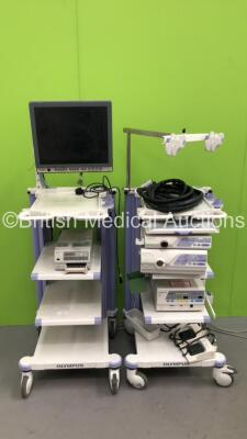 2 x Olympus Stack Trolleys with Olympus OEV191H Monitor, Olympus ECS260 Connector Cable, Sony UP-21MD Colour Video Printer, Olympus Evis Lucera CV-260SL Digital Processor, Olympus Evis Lucera CLV-260SL Light Source, Olympus PSD-30 Electrosurgical Unit and - 2