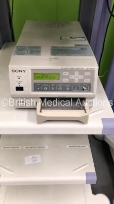 2 x Olympus Stack Trolleys with Olympus OEV191H Monitor, Olympus ECS260 Connector Cable, Sony UP-21MD Colour Video Printer, Olympus Evis Lucera CV-260SL Digital Processor, Olympus Evis Lucera CLV-260SL Light Source, Olympus PSD-30 Electrosurgical Unit and - 4