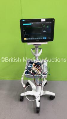 Philips IntelliVue MX550 Patient Monitor on Stand with Philips 867036 Multiparameter Module with Press, Temp, SPO2, NBP and ECG/Resp Options with Selection of Cables and Philips 867041 Microstream Module with CO2 Option (Powers Up - Marks to Screen - See