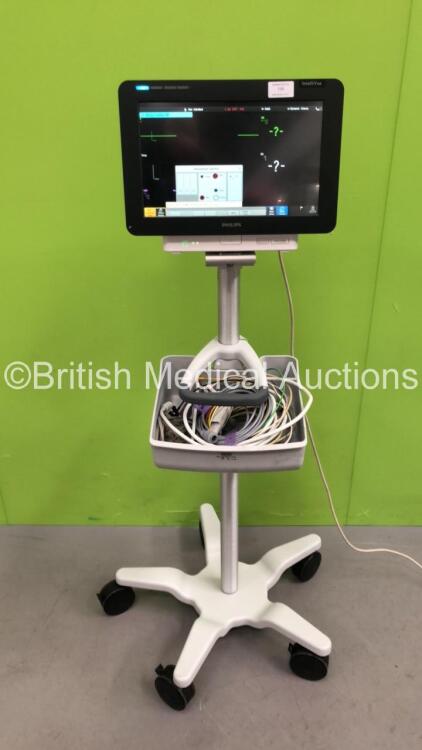 Philips IntelliVue MX550 Patient Monitor on Stand with Philips 867036 Multiparameter Module with Press, Temp, SPO2, NBP and ECG/Resp Options with Selection of Cables and Philips 867041 Microstream Module with CO2 Option (Powers Up - Marks to Screen - See