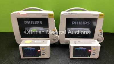 2 x Philips IntelliVue MP30 Patient Monitors (Both Power Up with Damage to Casing - See Photos) with 2 x Philips IntelliVue X2 Handheld Patient Monitors Including Press, Temp, NBP, SpO2 and ECG/Resp Options with 2 x Batteries (Both Power Up, 1 x Damaged C