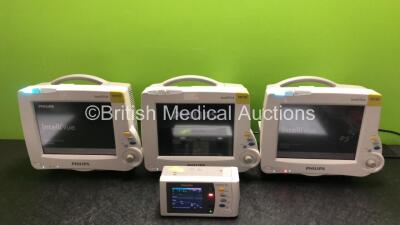 3 x Philips IntelliVue MP30 Patient Monitors (All Power Up, 2 x Slight Damage to Casing, 1 x Damaged Screen, 1 x Missing Rear Clip Casing - See Photos) with 1 x Philips IntelliVue X2 Handheld Patient Monitor Including Press, Temp, NBP, SpO2 and ECG/Resp O