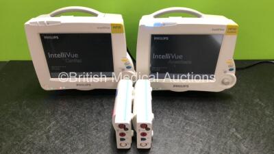 2 x Philips IntelliVue MP30 Patient Monitors with Printer Options (Both Power Up, 1 x Scratched Screen, 1 x Damaged Rear Clip Casing - See Photos) with 2 x Philips M3001A Modules Including Press, Temp, NBP, SpO2 and ECG/Resp Options