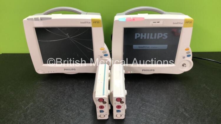 2 x Philips IntelliVue MP30 Patient Monitors (1 x No Power with Printer Option and Cracked Screen, 1 x Powers Up with Missing Dial - See Photos) with 2 x Philips M3001A Modules Including Press, Temp, NBP, SpO2 and ECG/Resp Options (1 x Damaged Casing - Se