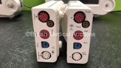 2 x Philips IntelliVue MP30 Patient Monitors (1 x No Power with Printer Option and Cracked Screen, 1 x Powers Up with Missing Dial - See Photos) with 2 x Philips M3001A Modules Including Press, Temp, NBP, SpO2 and ECG/Resp Options (1 x Damaged Casing - Se - 7