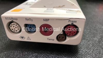 2 x Philips IntelliVue MP30 Patient Monitors (1 x No Power with Printer Option and Cracked Screen, 1 x Powers Up with Missing Dial - See Photos) with 2 x Philips M3001A Modules Including Press, Temp, NBP, SpO2 and ECG/Resp Options (1 x Damaged Casing - Se - 8