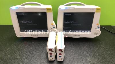 2 x Philips IntelliVue MP30 Anesthesia Patient Monitors (Both Power Up, 1 x Damage to Dial - See Photos) with 2 x Philips M3001A Modules Including Press, Temp, NBP, SpO2 and ECG/Resp Options