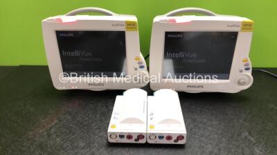 2 x Philips IntelliVue MP30 Anesthesia Patient Monitors (Both Power Up) with 2 x Philips M3001A Modules Including Press, Temp, NBP, SpO2 and ECG/Resp Options (1 x Damage to Casing - See Photos)