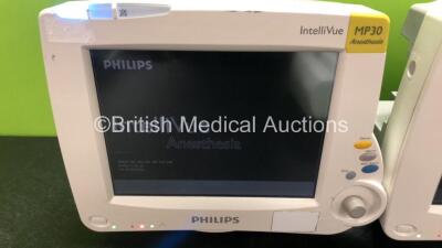 2 x Philips IntelliVue MP30 Anesthesia Patient Monitors (Both Power Up, 1 x Damage to Casing - See Photos) with 2 x Philips M3001A Modules Including Press, Temp, NBP, SpO2 and ECG/Resp Options - 2