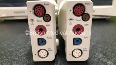 2 x Philips IntelliVue MP30 Anesthesia Patient Monitors (Both Power Up, 1 x Damage to Casing - See Photos) with 2 x Philips M3001A Modules Including Press, Temp, NBP, SpO2 and ECG/Resp Options - 5