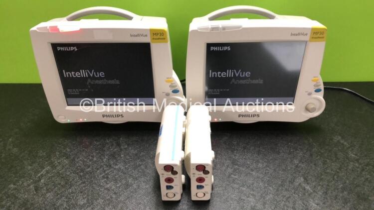 2 x Philips IntelliVue MP30 Anesthesia Patient Monitors with Printer Options (Both Power Up with Damage to Casing and Dials, 1 x Scratched Screen - See Photos) with 2 x Philips M3001A Modules Including Press, Temp, NBP, SpO2 and ECG/Resp Options (1 x Dama