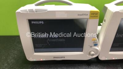 2 x Philips IntelliVue MP30 Anesthesia Patient Monitors with Printer Options (Both Power Up with Damage to Casing and Dials, 1 x Scratched Screen - See Photos) with 2 x Philips M3001A Modules Including Press, Temp, NBP, SpO2 and ECG/Resp Options (1 x Dama - 2