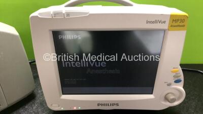 2 x Philips IntelliVue MP30 Anesthesia Patient Monitors with Printer Options (Both Power Up with Damage to Casing and Dials, 1 x Scratched Screen - See Photos) with 2 x Philips M3001A Modules Including Press, Temp, NBP, SpO2 and ECG/Resp Options (1 x Dama - 6