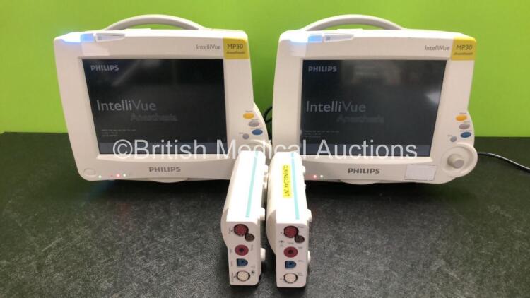 2 x Philips IntelliVue MP30 Anesthesia Patient Monitors (Both Power Up) with 2 x Philips M3001A Modules Including Press, Temp, NBP, SpO2 and ECG/Resp Options