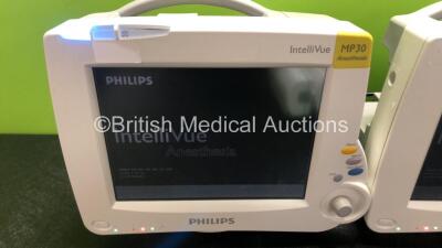 2 x Philips IntelliVue MP30 Anesthesia Patient Monitors (Both Power Up) with 2 x Philips M3001A Modules Including Press, Temp, NBP, SpO2 and ECG/Resp Options - 2