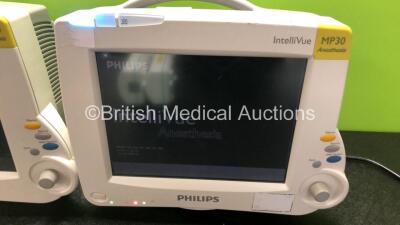 2 x Philips IntelliVue MP30 Anesthesia Patient Monitors (Both Power Up) with 2 x Philips M3001A Modules Including Press, Temp, NBP, SpO2 and ECG/Resp Options - 3