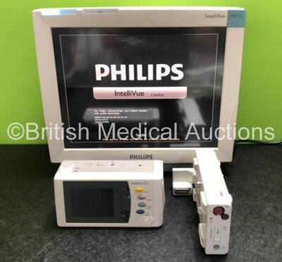 Job Lot Including 1 x Philips IntelliVue MP70 Touch Screen Patient Monitor (Powers Up) 1 x Philips IntelliVue X2 Patient Monitor with Press, Temp, NBP, SPO2 and ECG Resp Options (Powers Up with Damage to Casing - See Photos) and 1 x Philips M3015A Opt: C0