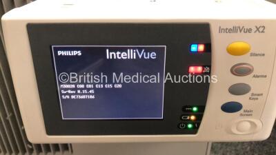 Job Lot Including 1 x Philips IntelliVue MP70 Touch Screen Patient Monitor (Powers Up) 1 x Philips IntelliVue X2 Patient Monitor with Press, Temp, NBP, SPO2 and ECG Resp Options (Powers Up with Damage to Casing - See Photos) and 1 x Philips M3015A Opt: C0 - 5